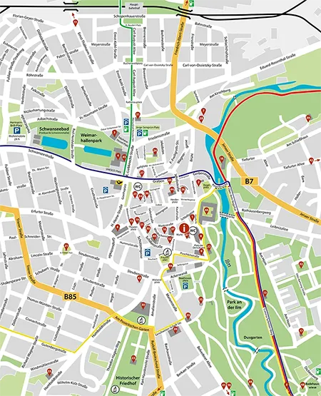 Ausschnitt des Innenstadt-Bereichs einer Stadt auf einem modernen Stadtplan. Tropfenförmige Kennzeichnung besonderer Orte.