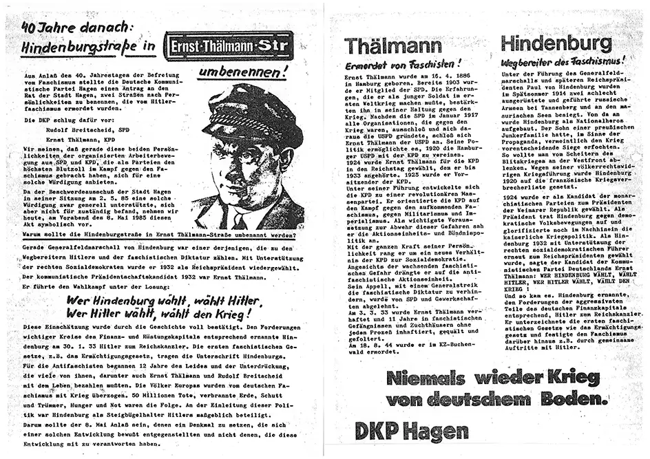 Altes, schwarz-weißes Flugblatt mit Schreibmaschinen-Text und einer Abbildung von Ernst-Thälmann. Es zeigt zudem auf der rechten Seite eine textliche Gegenüberstellung von Thälmann und Hindenburg. Unten steht: "Niemals wieder Krieg von deutschem Boden. DKP Hagen"