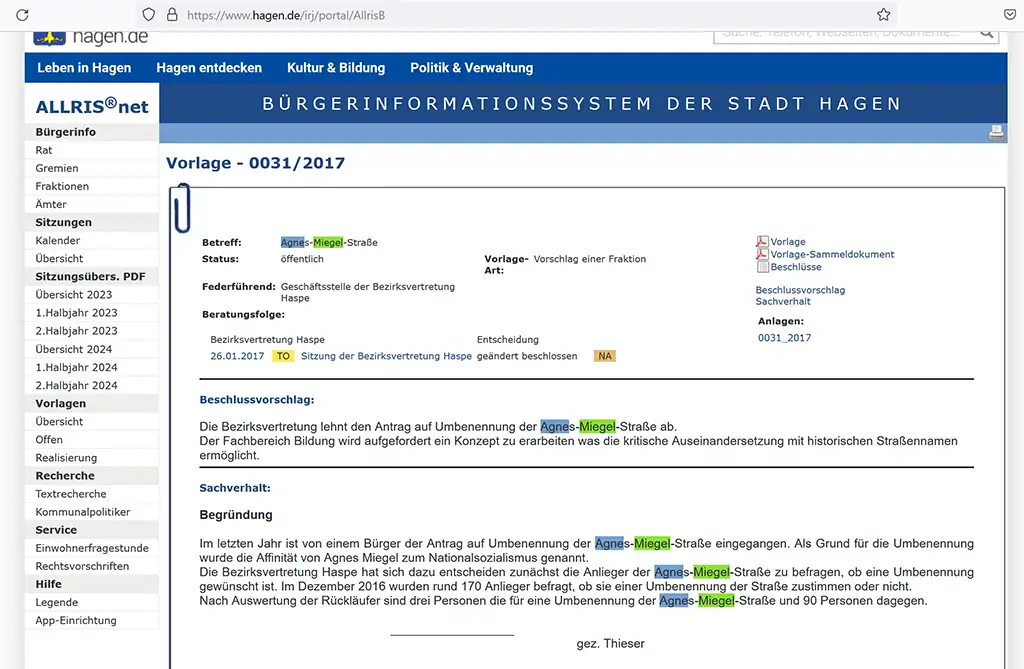 Webseite des Bürgerinformationssystems der Stadt Hagen: der Antrag auf die Umbenennung einer Straße mit der dazugehörigen Ablehnung und Begründung derselben.